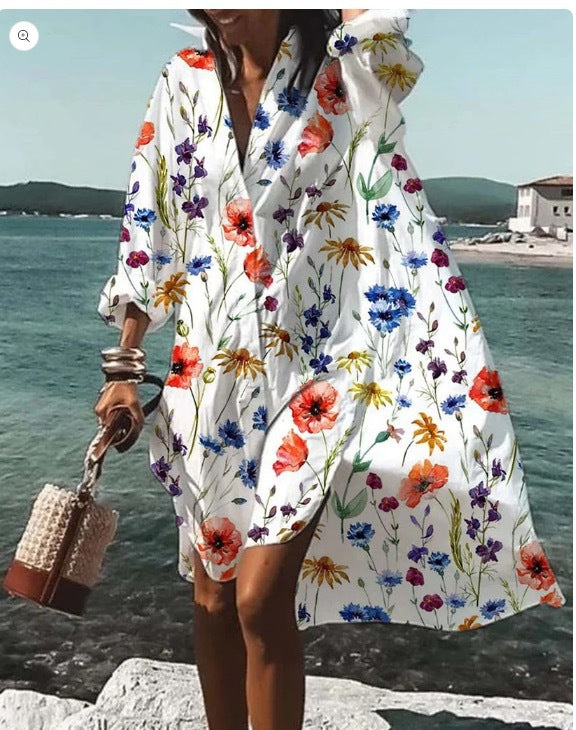 👗 Robe Chemise Imprimée Grande Taille – Manches Longues & Col Revers