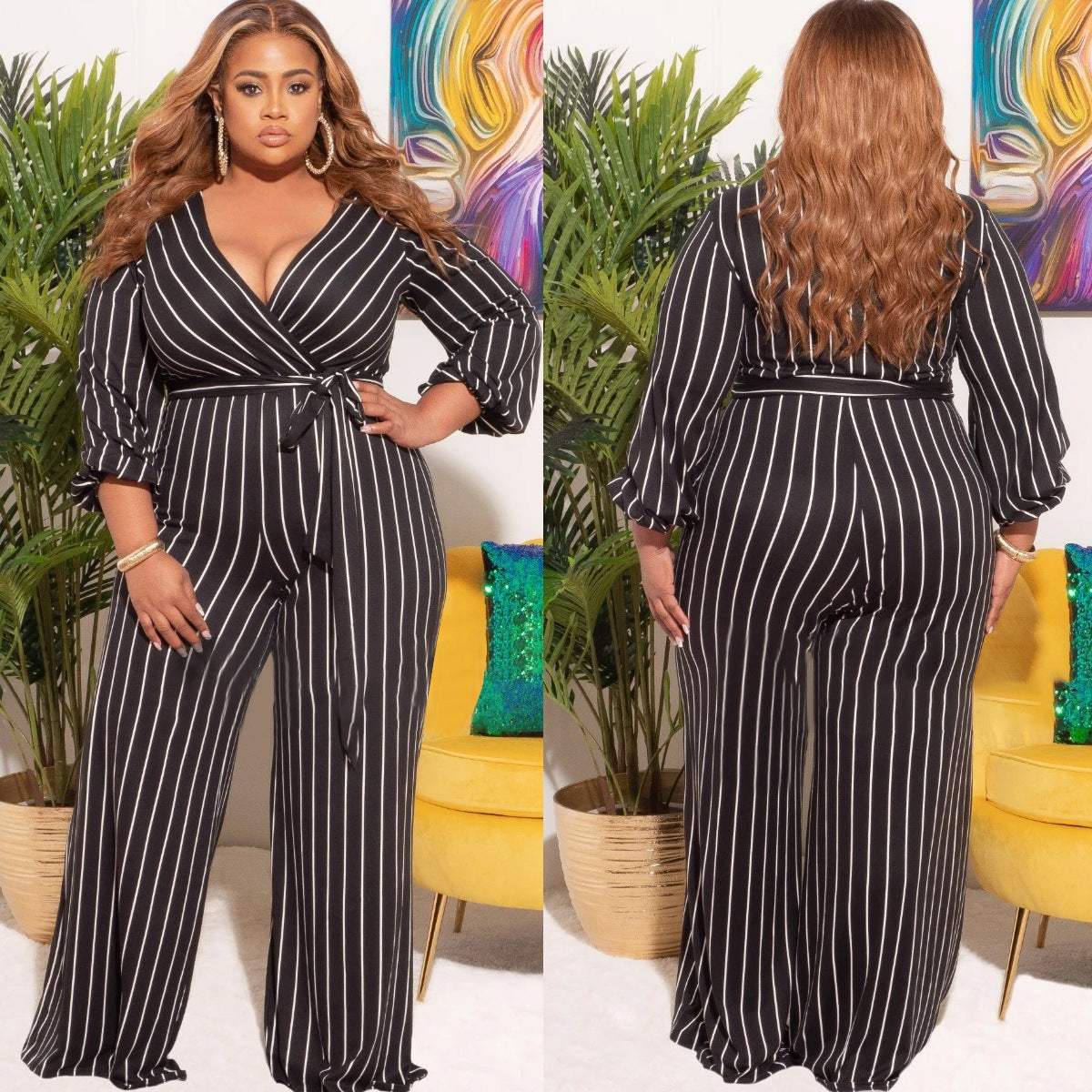 👗 Combinaison Rayée Grande Taille – Col V & Imprimé Placement | XL-Charmes