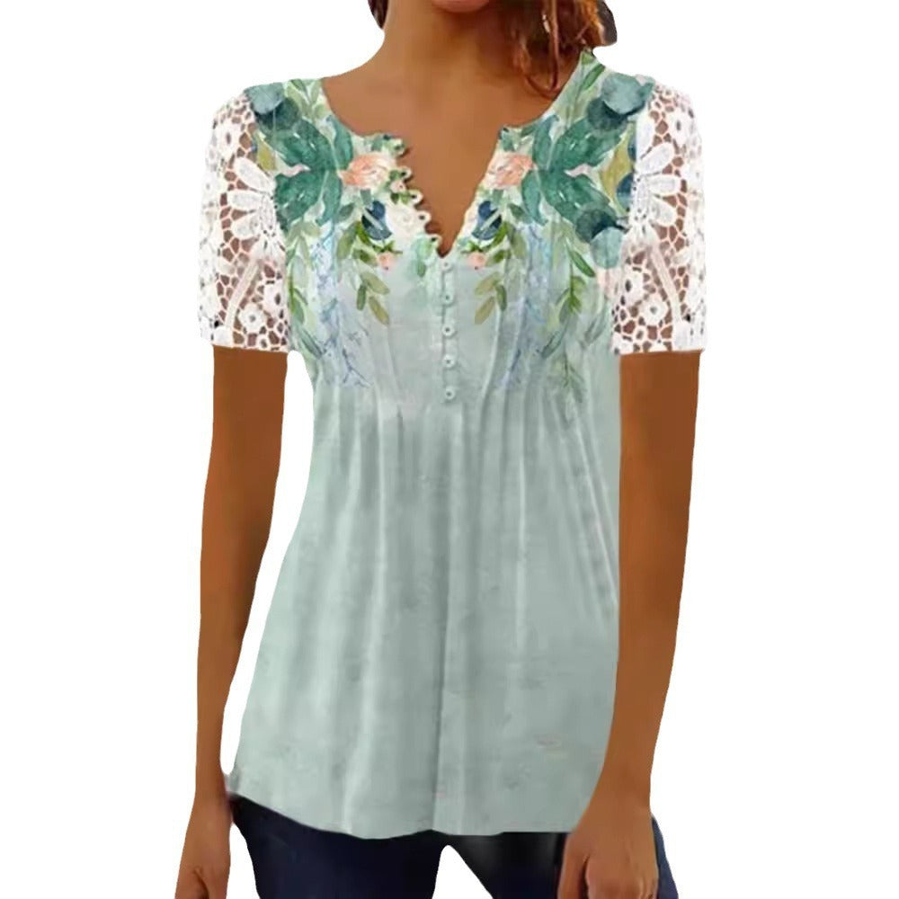👚 Chemise Dentelle Femme – Manches Courtes & Boutons Imprimés | XL-Charmes