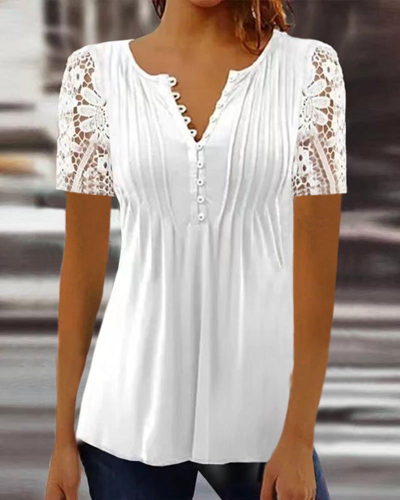 👚 Chemise Dentelle Femme – Manches Courtes & Boutons Imprimés | XL-Charmes