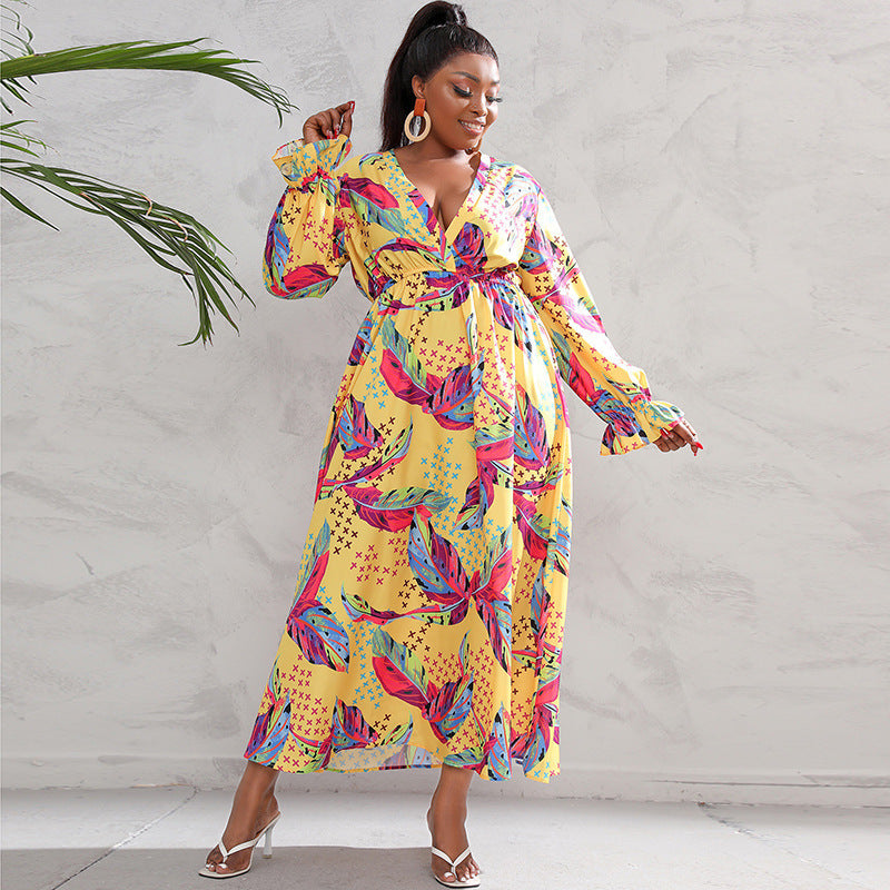 👗 Robe Grande Taille Femme – Manches Longues & Impression Numérique