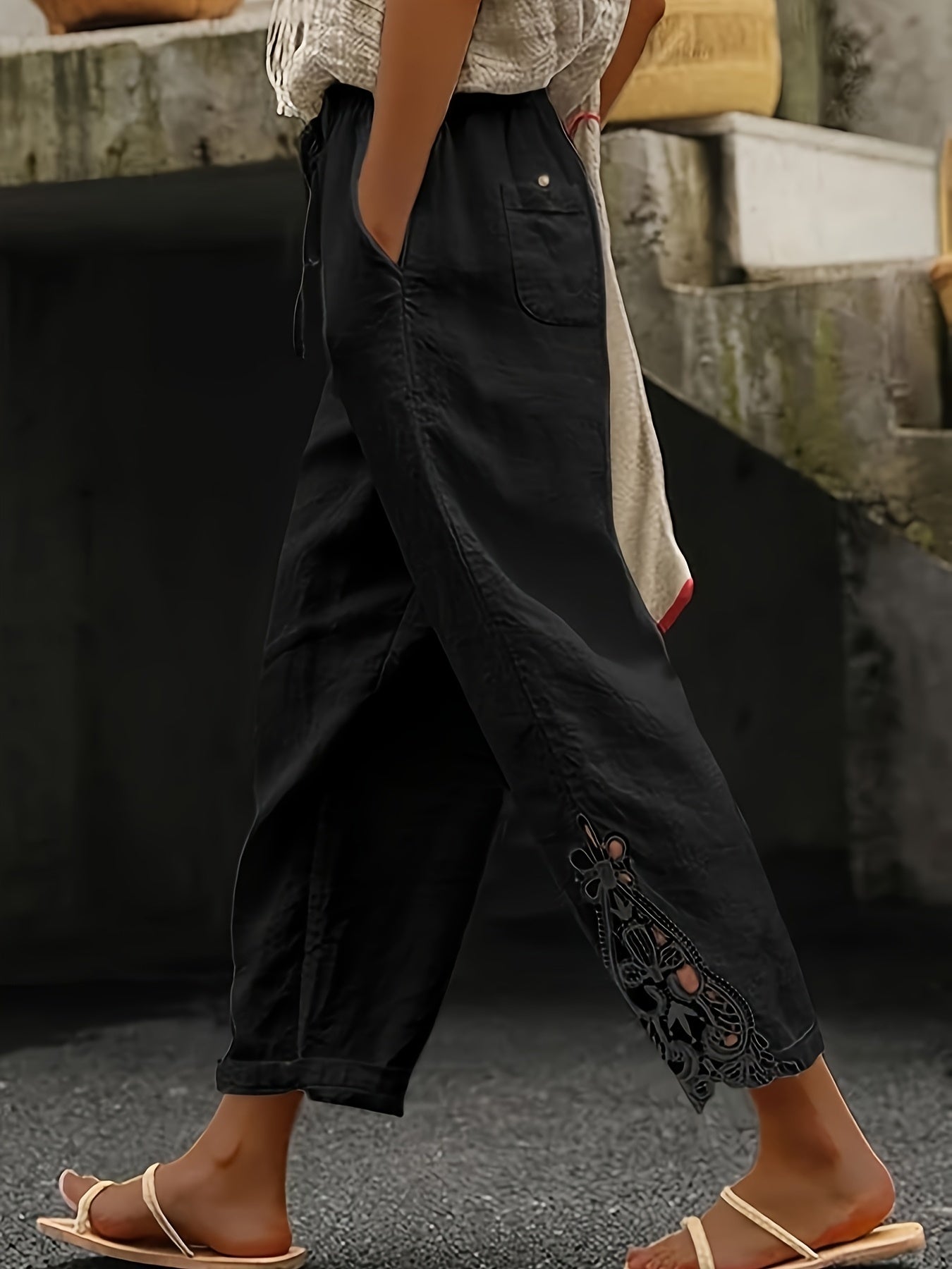 👖 Pantalon Droit Femme – Cordon de Serrage & Dentelle | XL-Charmes