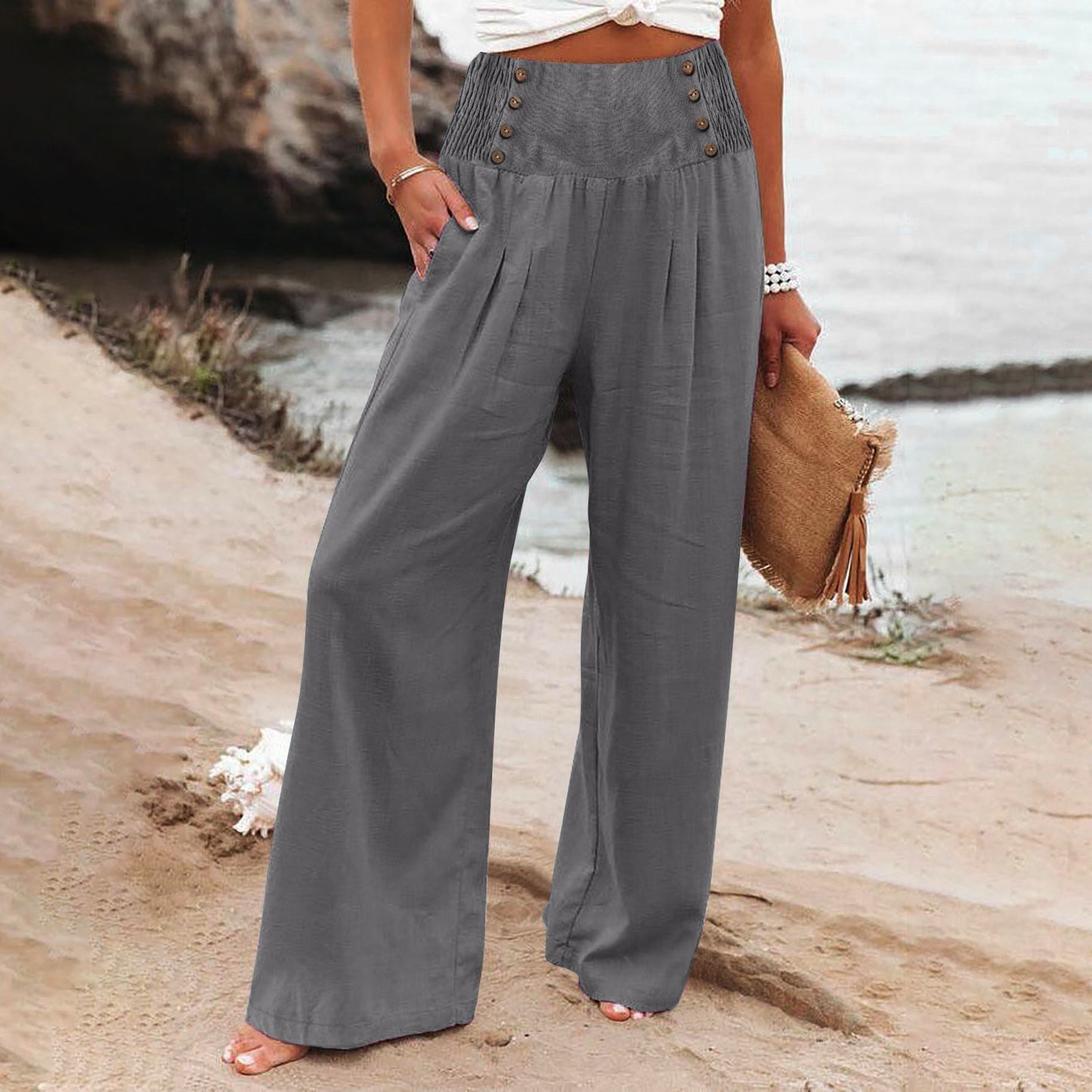 🌿 Pantalon Ample Taille Haute Femme | Coton Lin | Confort Printemps-Été | XL-Charmes