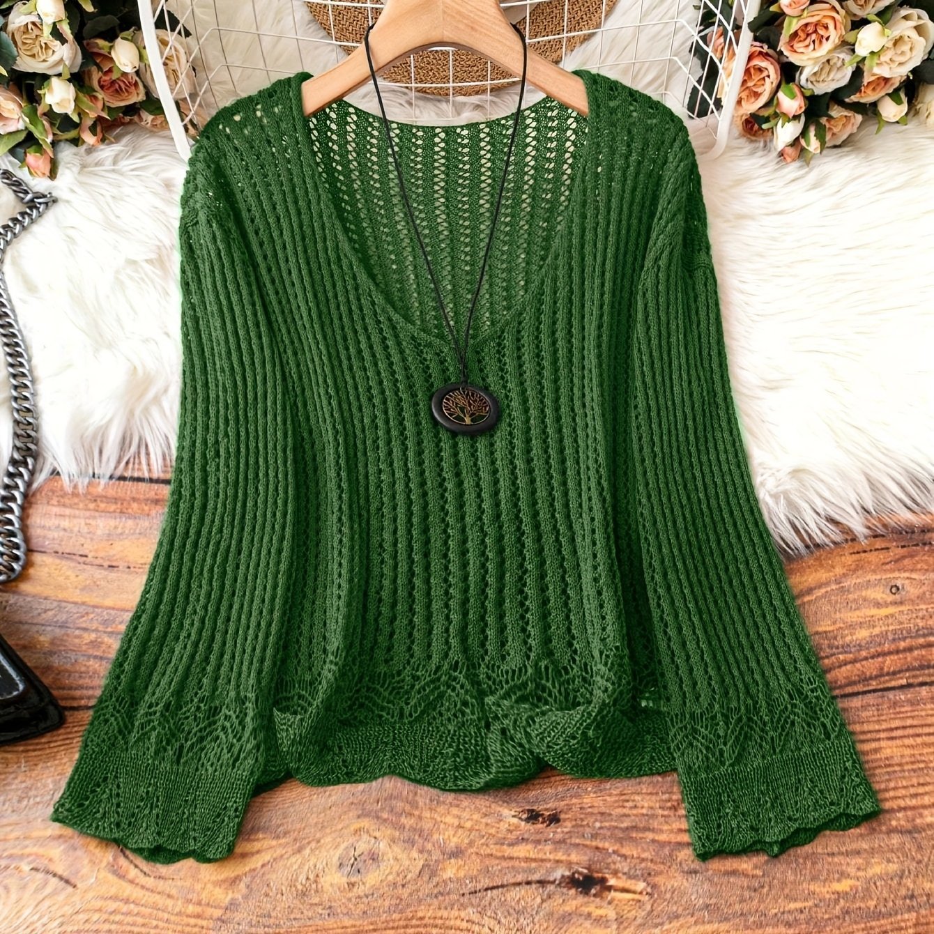 🧶 Pull Tricoté Femme – Manches Longues, Col en V & Grande Taille | XL-Charmes