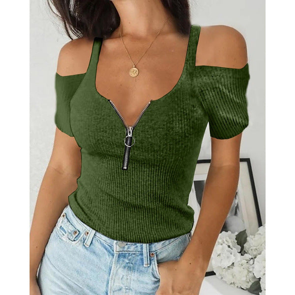 👚 T-shirt Court Zippé Femme – Grande Taille à Manches Courtes