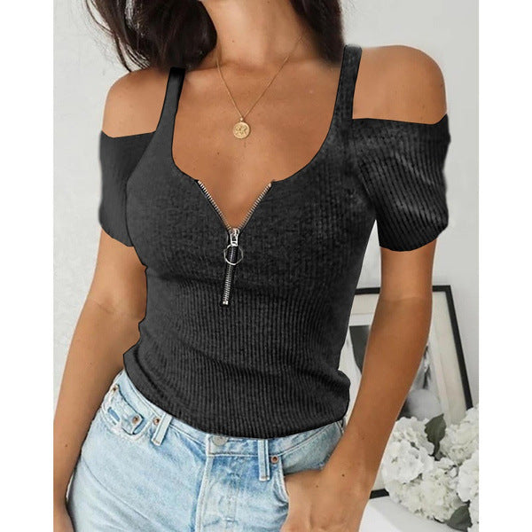 👚 T-shirt Court Zippé Femme – Grande Taille à Manches Courtes