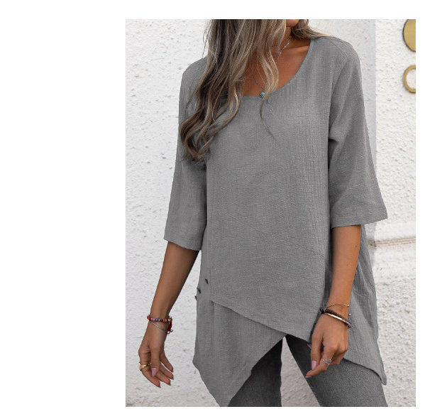 👚 Chemise Coton & Lin Femme – Coupe Asymétrique Décontractée | XL-Charmes