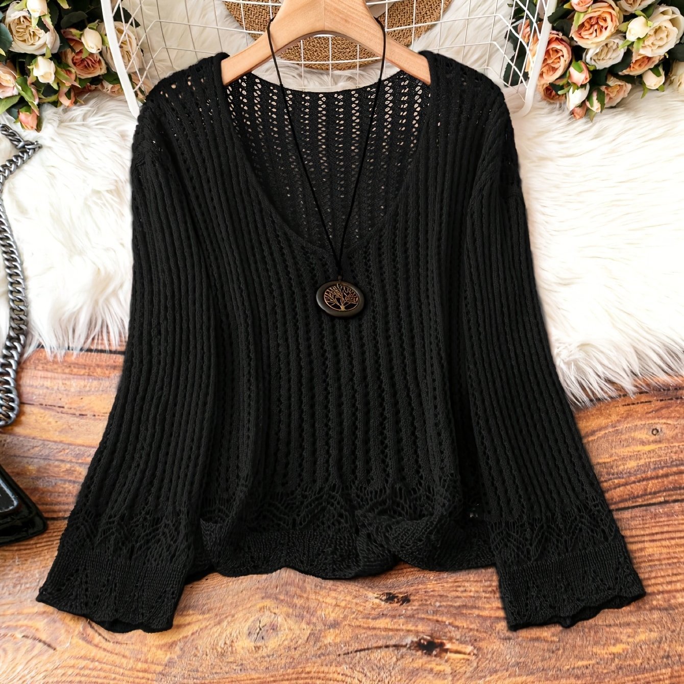 🧶 Pull Tricoté Femme – Manches Longues, Col en V & Grande Taille | XL-Charmes