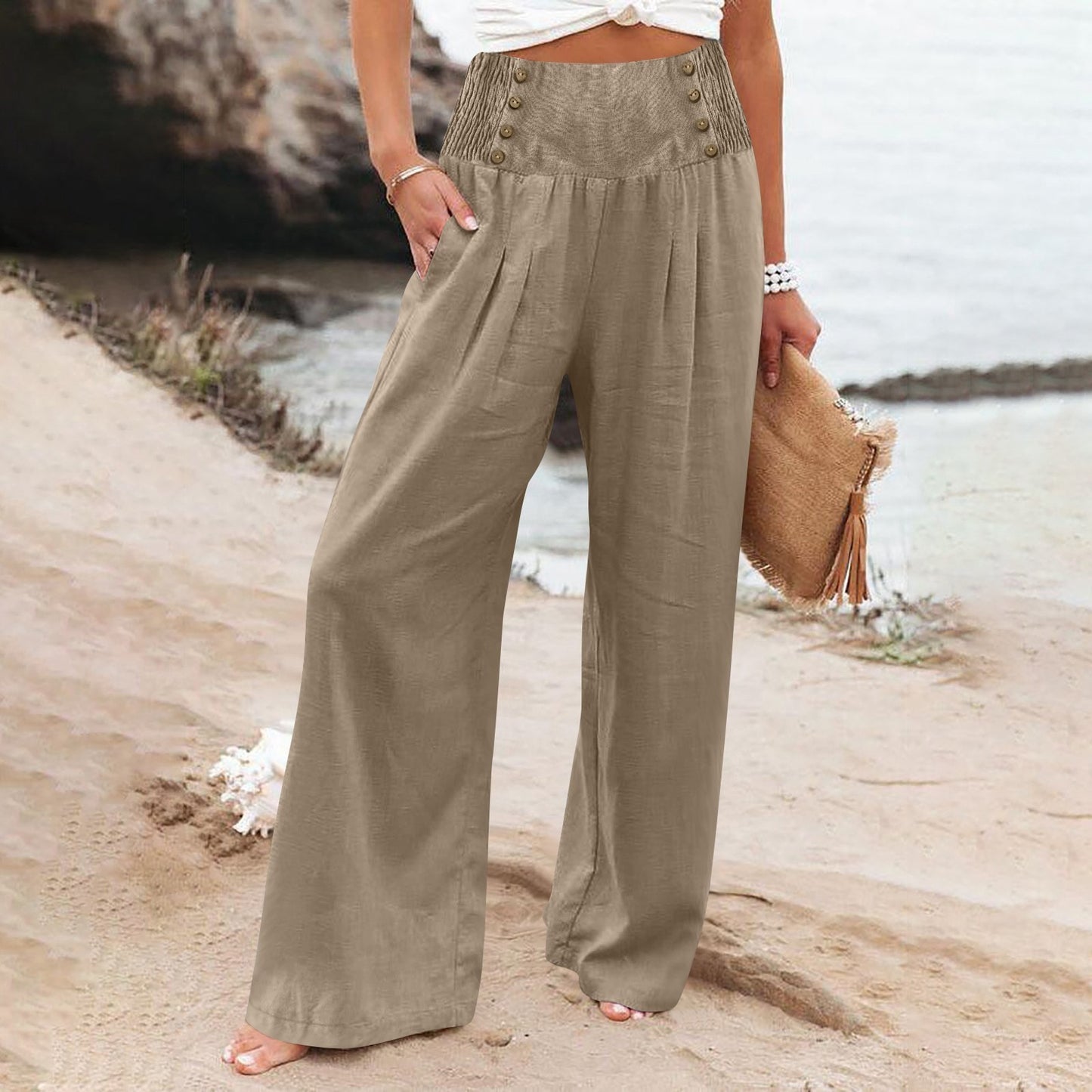 🌿 Pantalon Ample Taille Haute Femme | Coton Lin | Confort Printemps-Été | XL-Charmes
