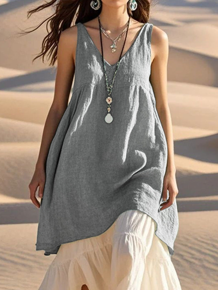 👗 Robe Plage Sans Manches Coton & Lin – Col V Été 2024
