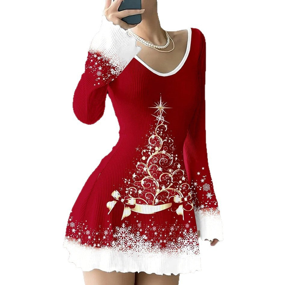 🎄 Robe de Noël Femme Col V – Rayée & Manches Évasées | XL-Charmes