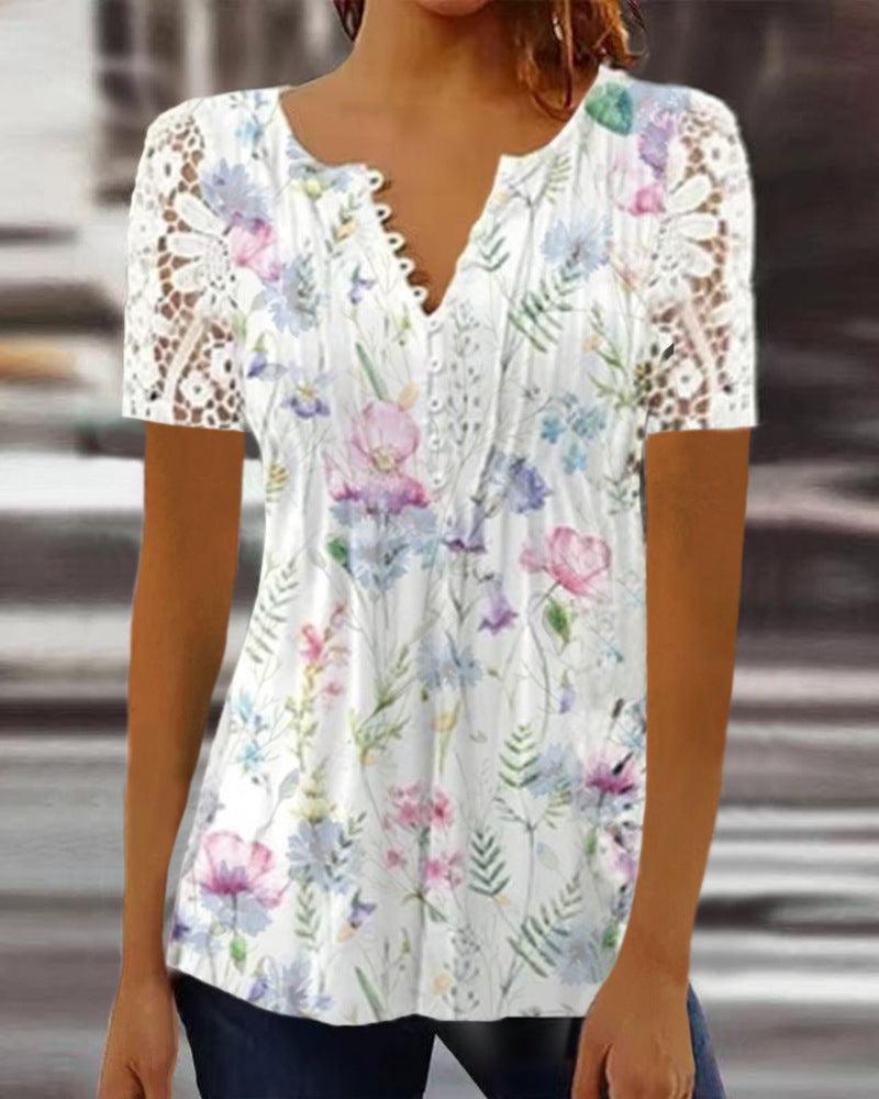 👚 Chemise Dentelle Femme – Manches Courtes & Boutons Imprimés | XL-Charmes