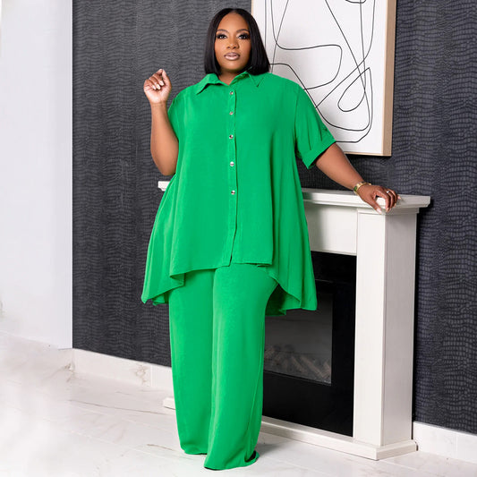 🧥 Ensemble Chic Grande Taille – Haut Manches Courtes & Pantalon Large | XL-Charmes
