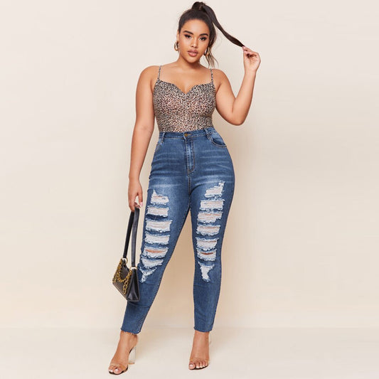 👖 Pantalon Slim Délavé & Déchiré – Jean Crayon Grande Taille Femme | XL-Charmes