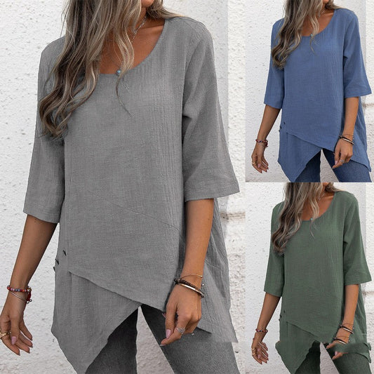 👚 Chemise Coton & Lin Femme – Coupe Asymétrique Décontractée | XL-Charmes