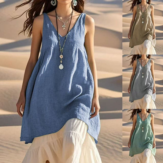 👗 Robe Plage Sans Manches Coton & Lin – Col V Été 2024