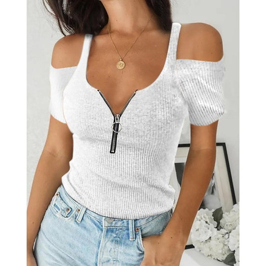 👚 T-shirt Court Zippé Femme – Grande Taille à Manches Courtes
