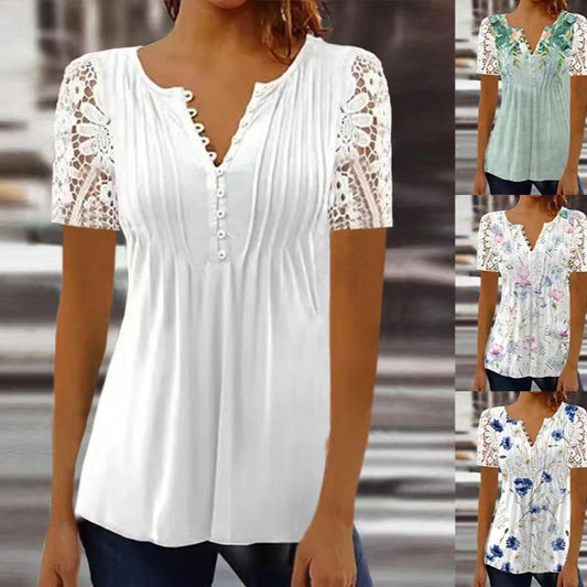 👚 Chemise Dentelle Femme – Manches Courtes & Boutons Imprimés | XL-Charmes