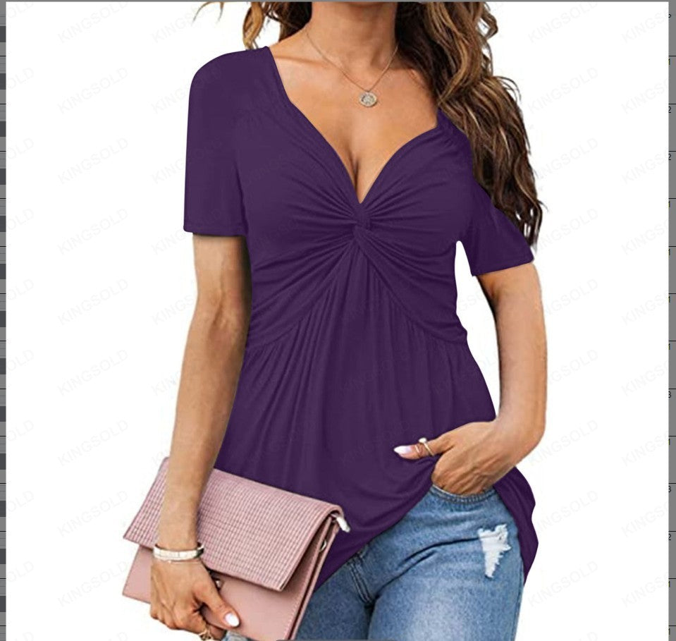 👚 T-shirt Élegant Femme – Col en V, Torsadé & Manches Courtes | XL-Charmes
