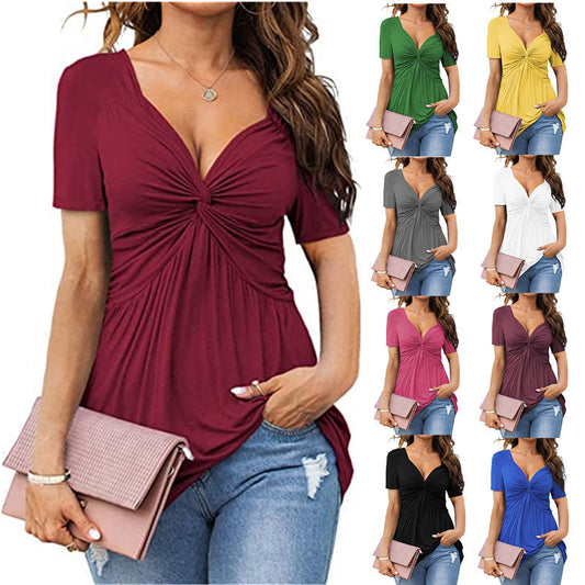 👚 T-shirt Élegant Femme – Col en V, Torsadé & Manches Courtes | XL-Charmes
