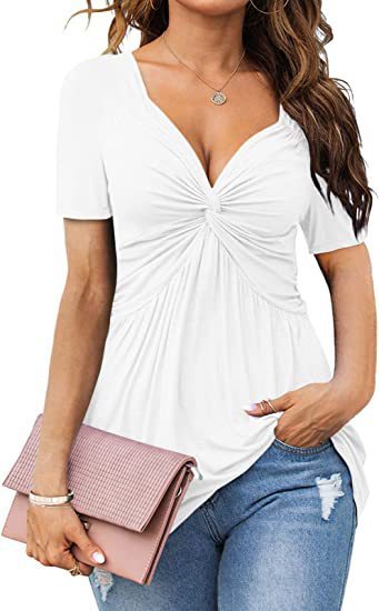 👚 T-shirt Élegant Femme – Col en V, Torsadé & Manches Courtes | XL-Charmes