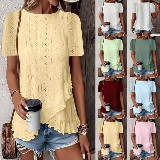 👚 T-shirt Été Femme | Ourlet Volanté & Manches Courtes | Décontracté | XL-Charmes