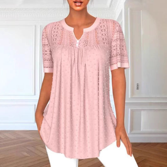 👚 Haut Femme Élégant Col Rond & Dentelle – Manches Courtes Chic