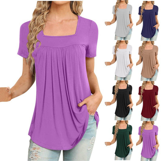 👚 T-shirt Femme Col Carré Plissé – Manches Courtes & Coupe Ample