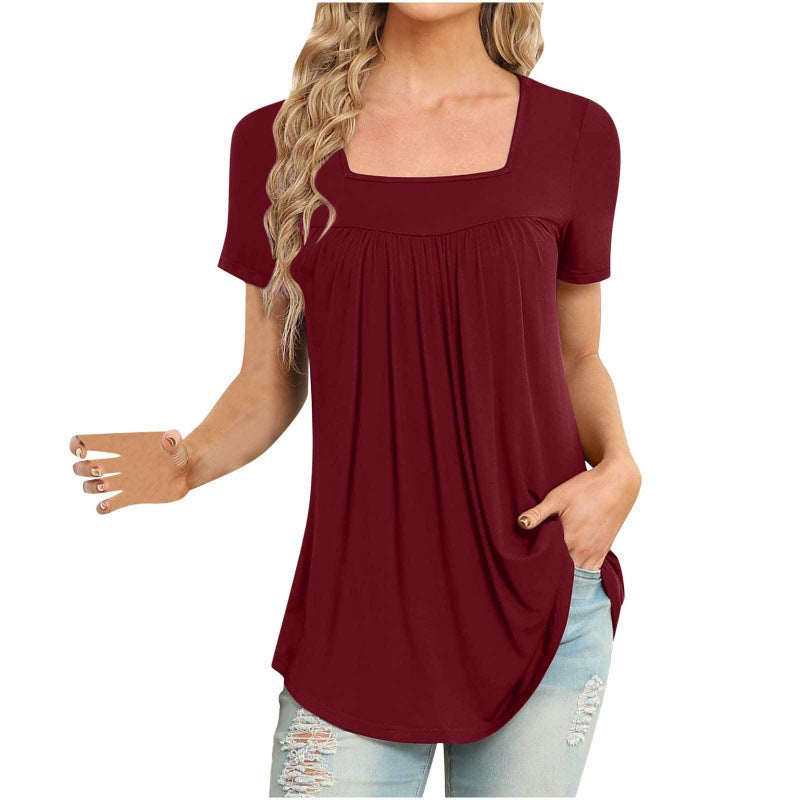 👚 T-shirt Femme Col Carré Plissé – Manches Courtes & Coupe Ample