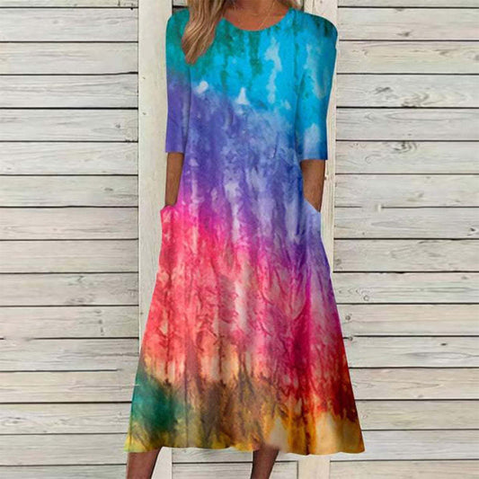 👗 Robe Imprimée Femme – Col Rond, Poches & Manches Mi-Longues | XL-Charmes