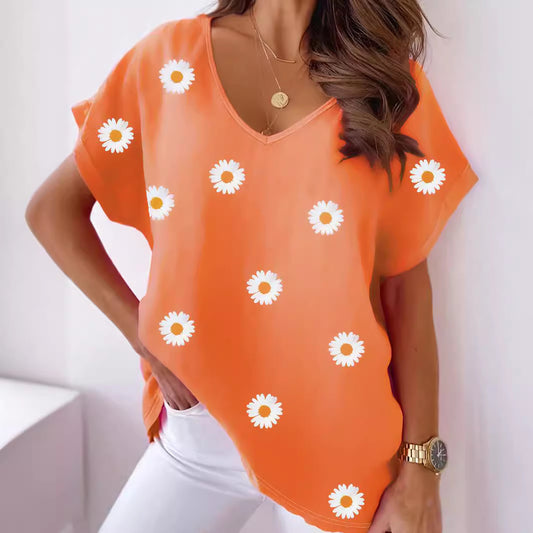 🌸 T-shirt Floral Femme – Col en V & Manches Courtes | XL-Charmes