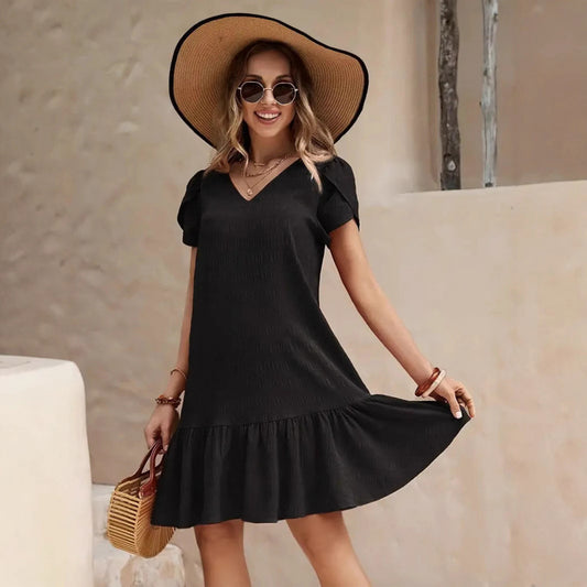 👗 Robe Ample Décontractée Col en V – Manches Courtes & Unie | XL-Charmes