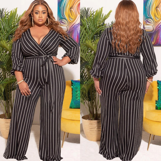 👗 Combinaison Rayée Grande Taille – Col V & Imprimé Placement | XL-Charmes