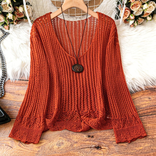 🧶 Pull Tricoté Femme – Manches Longues, Col en V & Grande Taille | XL-Charmes