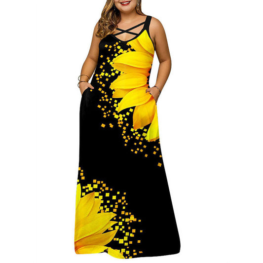 👗 Robe Grande Taille Femme – Col V, Manches Courtes & Poches Été 2024